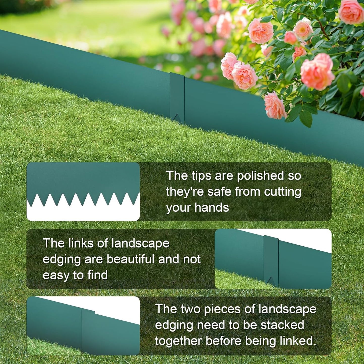 Landscape Edging Kit, Galvanized Steel Edging Landscape Lawn Edging Powder for Lawn Yard, Coated Bendable Metal Strips, No-Dig Hammer-in Edging Border w/Clips (8 INCH 6 PCS, Turquoise)
