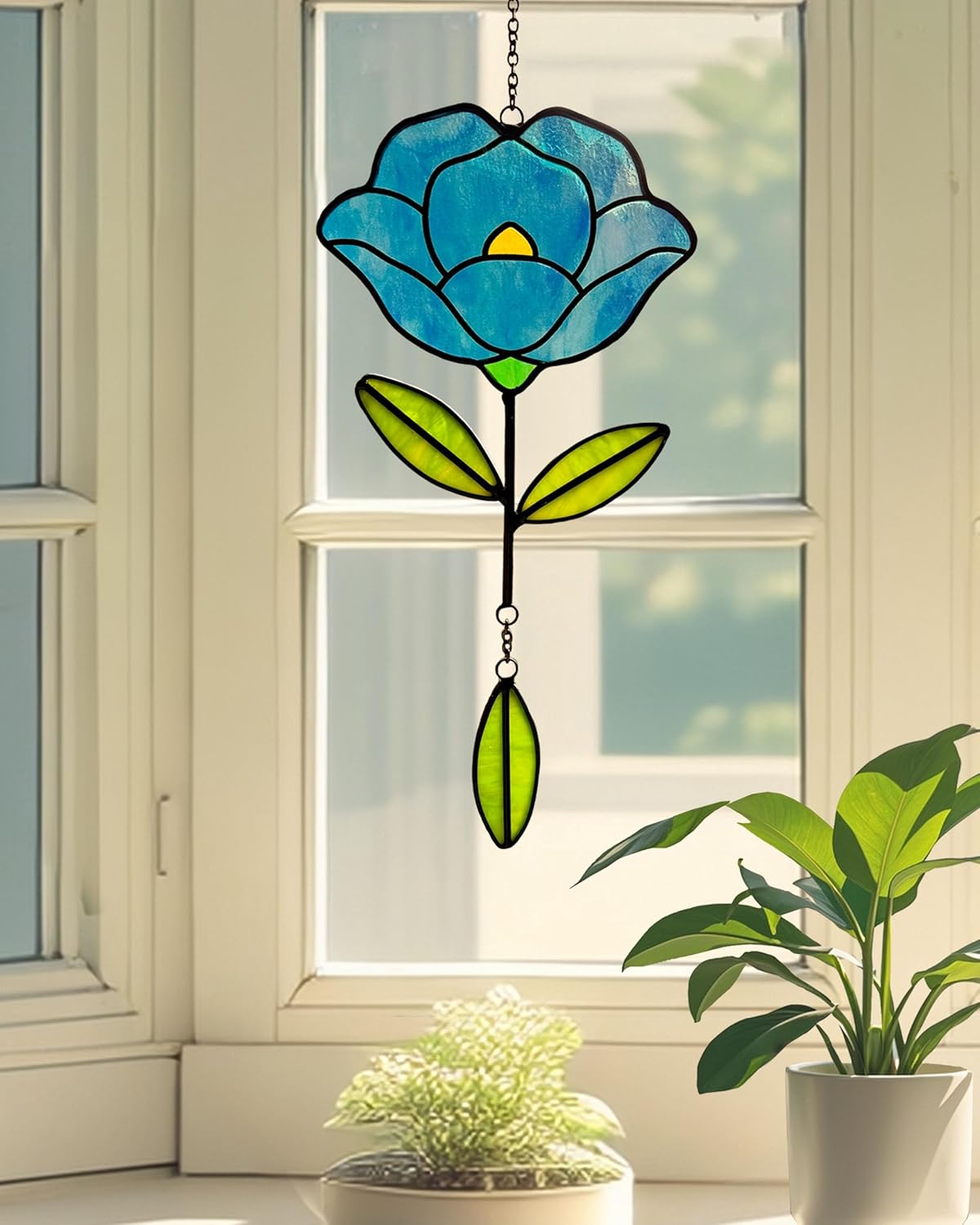 Stained Glass Window Hangings, Handcrafted Garden Suncatchers for Window and Home Decor, Unique Artisan Glass Ornaments for Indoor and Outdoor Use, Blue