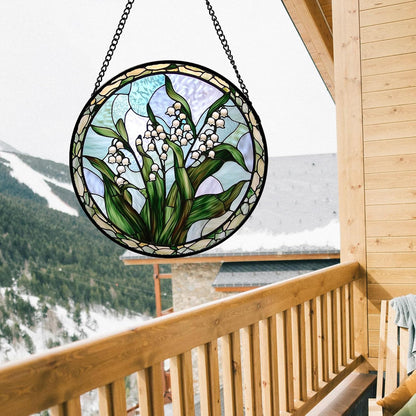 Stained Glass Window Hanging, White Green Lily of The Walley Flowers Sun Catcher for Door Home Decor Plants Suncatcher Christmas Mother's Day Birthday Gifts for Women Men Mom Nana 11.8 in