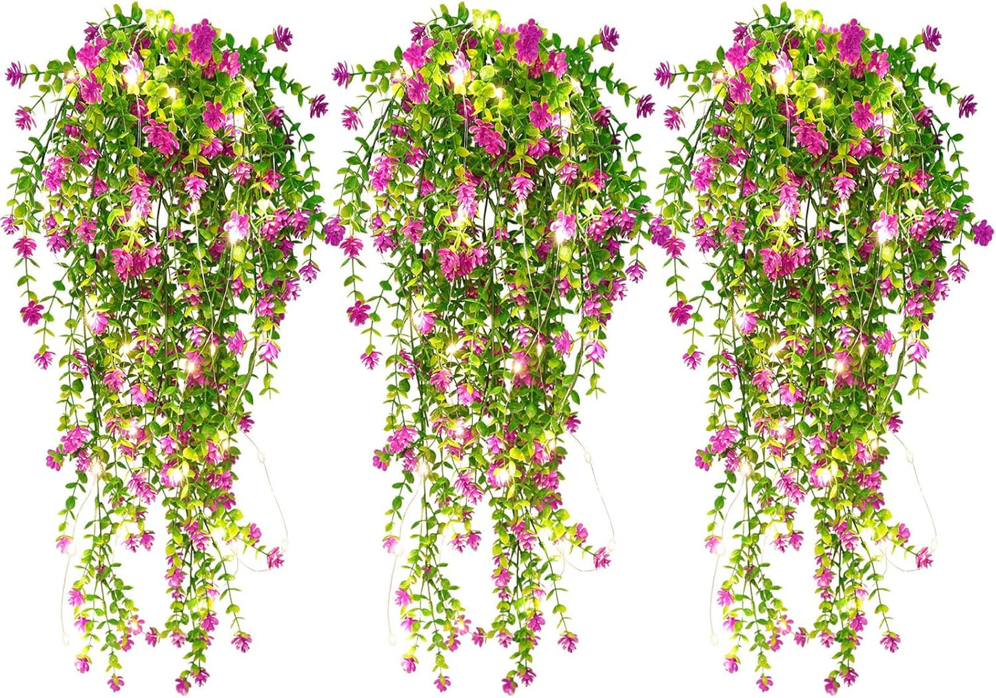 RECUTMS Artificial Hanging Plants with Lights Fake Hanging Plant Faux Eucalyptus Leaf Greenery Vine Outdoor UV Resistant Plastic Plants Home Garden Wedding Party Indoor Outdoor Decorations (Fuchsia)