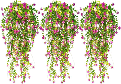 RECUTMS Artificial Hanging Plants with Lights Fake Hanging Plant Faux Eucalyptus Leaf Greenery Vine Outdoor UV Resistant Plastic Plants Home Garden Wedding Party Indoor Outdoor Decorations (Fuchsia)