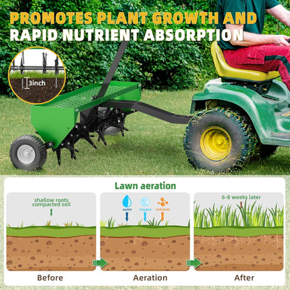 48" Lawn Aerator Tow Behind, Pull Behind Aerator with Universal Hitch, 32 Galvanized Steel Tines, Tray and Pneumatic Tires, Plug Behind Aerator is Suitable for Gardens, Lawns and Farms