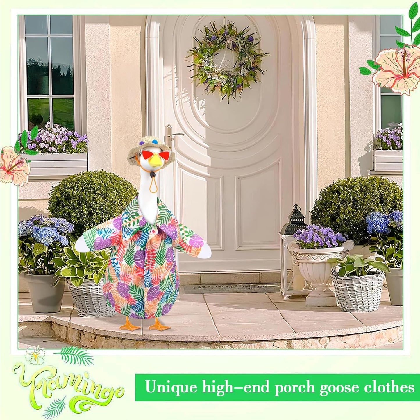 Hawaiian Porch Goose Outfits, Summer Lawn Goose Outfit with Sunglasses & Hat, Yard Goose Clothes and 3 Pcs/Set Goose Costume for 23" 17" Statue Patio Garden Decoration