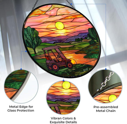 Golf Cart Stained Glass Sun Catcher, Wall Hanging Colored Decor Room Indoor Window Decor, Halloween, Christmas Hanging Ornament Mother Day