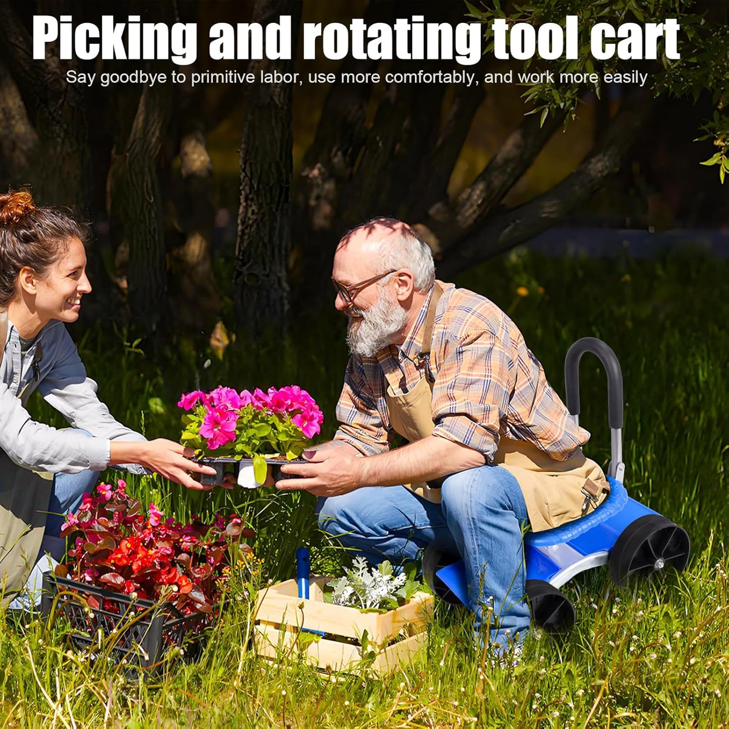Rolling Garden Cart with Seat, Adjustable 360° Swivel Garden Stool with Wheels, Outdoor Lawn Yard Rolling Work Seat, Patio Scooter on Wheels for Lawn Yard Planting (Blue)