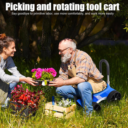 Rolling Garden Cart with Seat, Adjustable 360° Swivel Garden Stool with Wheels, Outdoor Lawn Yard Rolling Work Seat, Patio Scooter on Wheels for Lawn Yard Planting (Blue)