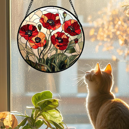 Stained Glass Window Hanging - Red Wildflowers Suncatcher for Door Garden Yard Flowers Sun Catchers Decor Christmas Mother's Day Birthday Gifts for Women Mom Nana Friend Men 15 in