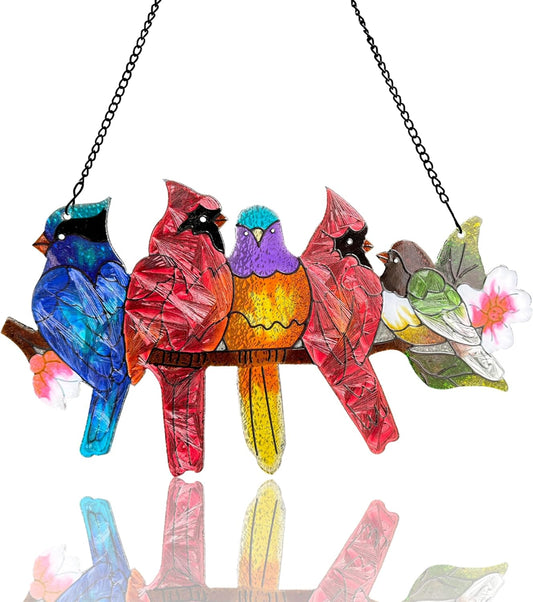 Stained Glass Window Hanging - Large Stained Glass Birds on Branch, Birds Sun Catchers Indoor