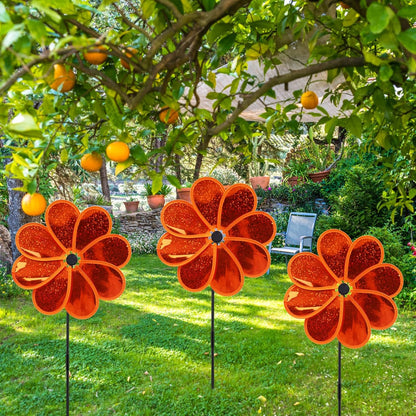 4PCS Flower Wind Spinner Sparkly Lawn Pinwheel 11.8 inch Orange Garden Windmill for Garden, Party, Christmas Outdoor, Yard Decor