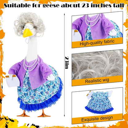 Abbylike Halloween Porch Goose Outfits Old Lady Goose Clothes with Sunglasses Pearl Necklace and Silver Wig for 23" Geese Halloween Outdoor Patio Yard Lawn Decoration