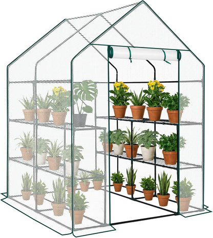 Outvita Walk-in Greenhouse, Outdoor Durable PE Plant Green House for Frost Protection with 3 Tiers 8 Shelves, Shelf Clips, Roll-up Zipper Door, 56"x56"x77" White
