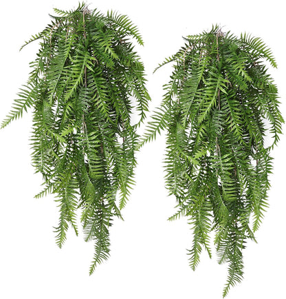 RECUTMS Fake Hanging Plants Artificial Boston Ferns Ivy Vines Leaves Foliage UV Resistant Faux Greenery Plastic Garland for Outdoor Indoor Room Front Porch Wedding 2 Pack(Green)