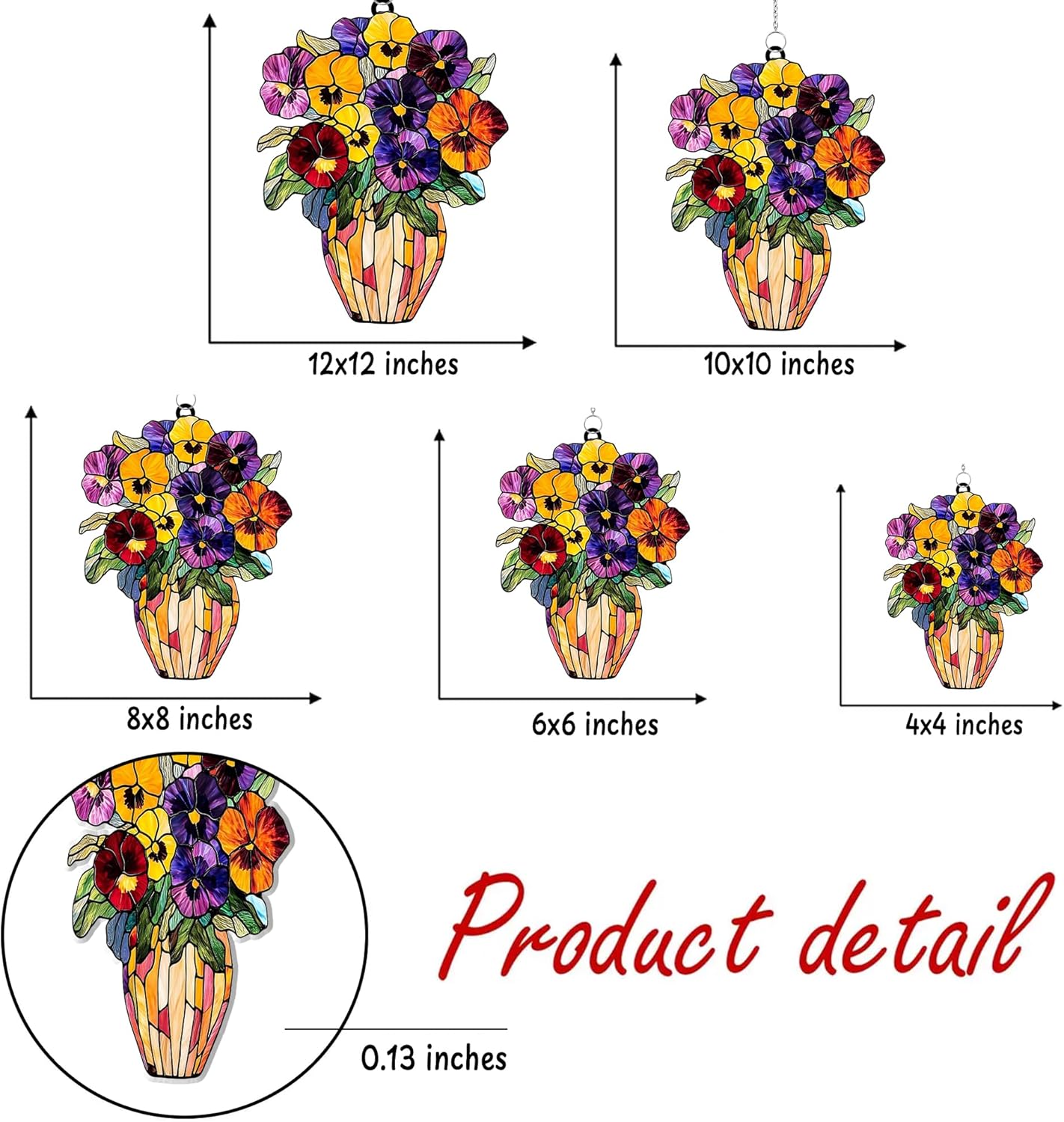 Pansies Vase Acrylic Suncatcher Stained Glass Effect Window Car Hanging Christmas Ornament Indoor Outdoor Decor Garden Sun Catcher Panel Gifts for Flower Lover for Women Mom Grandma