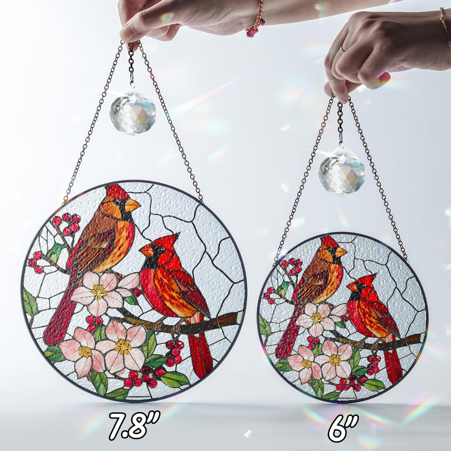 7.8" Cardinal Bird Stained Glass Suncatchers Crystal Art Glass Birds and Flowers for Sun Catcher Indoor Window Floral Gifts for Women Mom Grandma Nature Lovers Friend Painted Panel Décor BIRD-66B-SG8