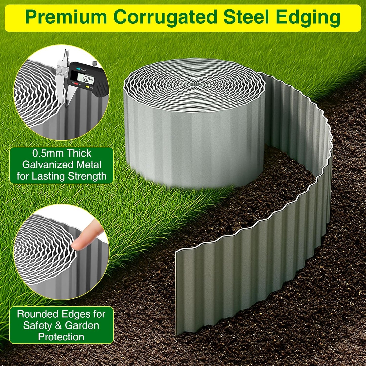 MIXC Corrugated Metal Garden Edging, Landscape Border for Lawn, Flower Bed & Paver (Silver, 6 Inch × 25FT)