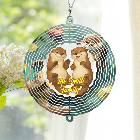 Personalized Otter Couple Wind Spinner 3D Stainless Steel, Otter Garden Spinner Hanging Outdoor Decor, Wind Spinners Outdoor, Custom Gift for Grandmother, Mom, Wife