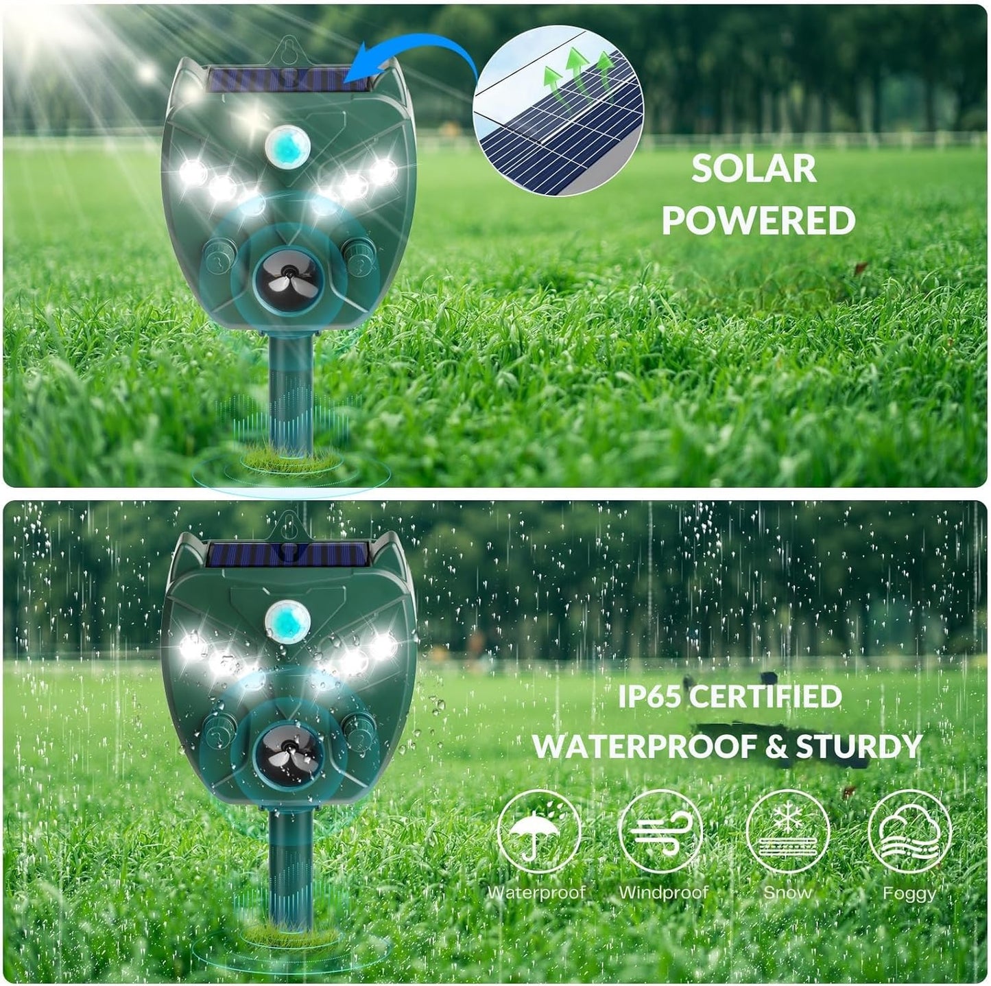 Solar Ultrasonic Animal Repellent Outdoor - NAVISOVL - Cat, Squirrel, Deer Repeller, Motion Sensor&Flashing Light, Repel Dogs,Boar,Deer,Fox,Raccoon,Skunk,Rabbit,Bird Deterrent for Yard&Farmland