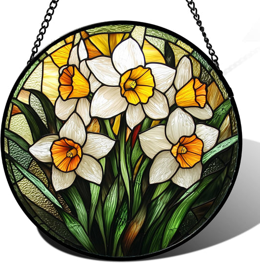 Stained Glass Window Hanging, Yellow and White Daffodils Sun Catcher for Door Home Decor Plants