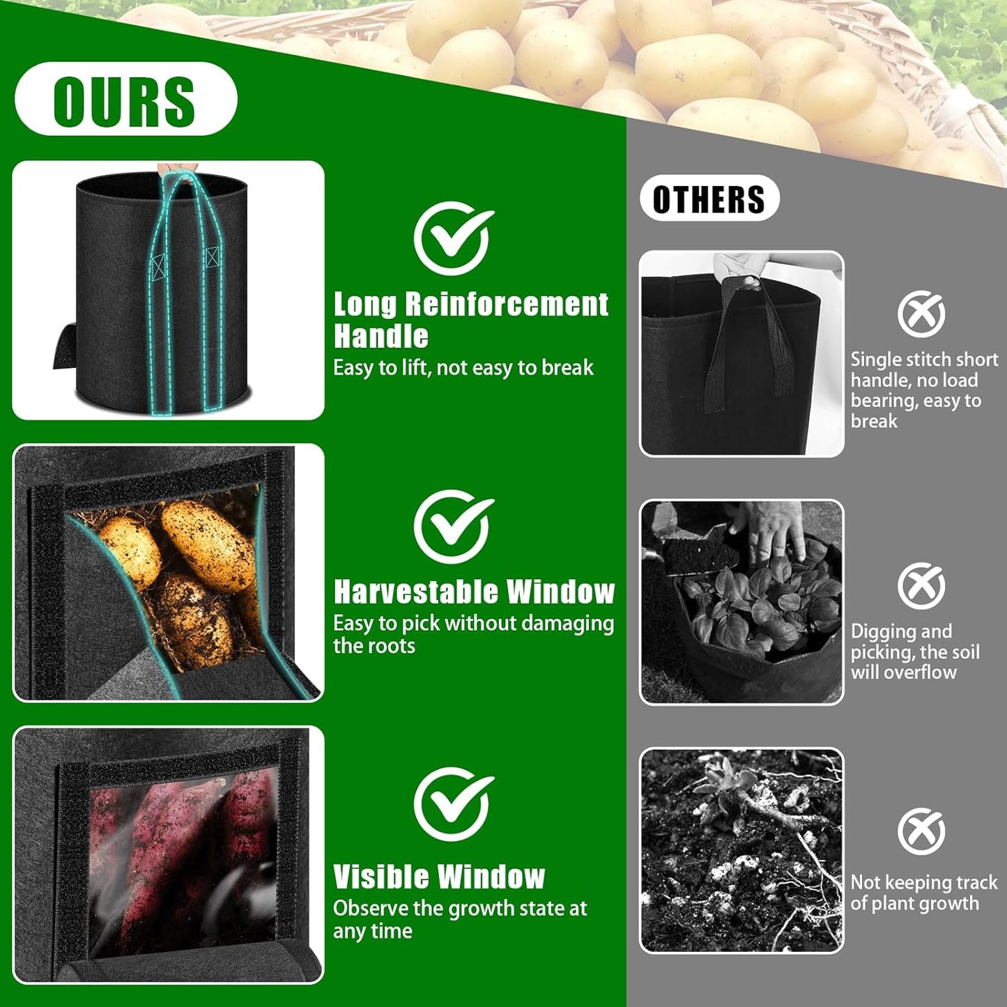 MJZ 5 Pack 11 Gallon Potato Grow Bags with Harvest Observation Windows, 380G Thickened Potato Bags for Growing Potatoes, Heavy Duty Nonwoven Fabric Garden Growing Containers to Grow Vegetable Tomatoes