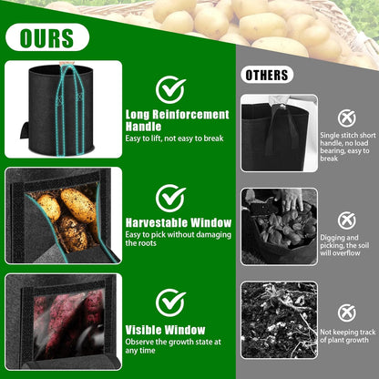 MJZ 5 Pack 11 Gallon Potato Grow Bags with Harvest Observation Windows, 380G Thickened Potato Bags for Growing Potatoes, Heavy Duty Nonwoven Fabric Garden Growing Containers to Grow Vegetable Tomatoes