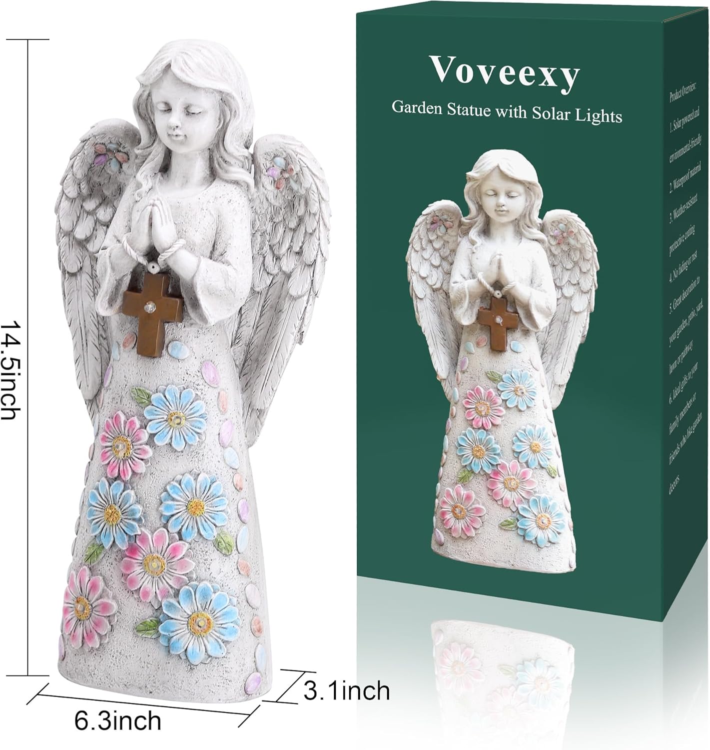 Angel Garden Figurine Outdoor Statue, Solar Garden Sculpture with 7 LEDs Welcome Sign Resin Praying Angel Art Decor for Patio Lawn Yard Porch Decoration, Housewarming Gift