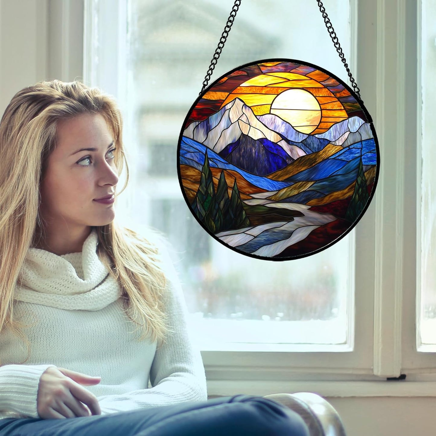 Stained Glass Window Hanging, Yellow Blue Sunset Mountains Scenery Sun Catcher for Window Home Decor Landscape Suncatcher Mother's Day Birthday Gifts for Women Men Mom and Nana 6.3 in