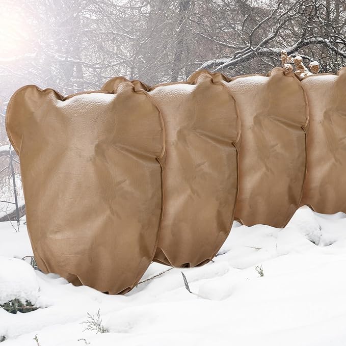 4 Pcs Winter Plant Covers Freeze Protection Reusable Plant Protector Bag with Drawstring Warm Shrubs Cover Frost Protection Planting Jacket Bags for Outdoor Garden, Brown (78.7 x 98.4 Inch)