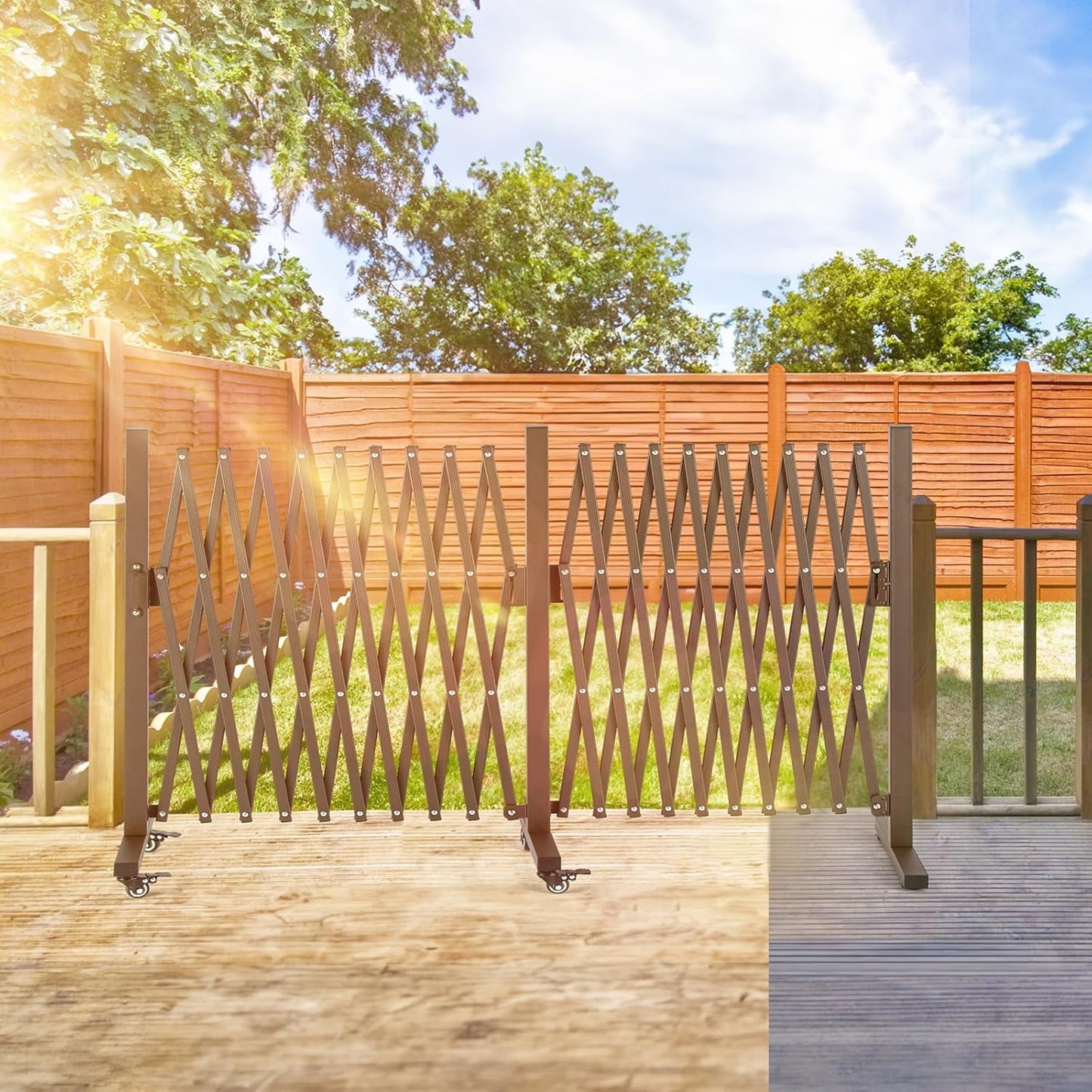 TECSPACE Aluminum Expandable Garden Fence, Portable Barricade Gate with Casters, Adjustable Retractable Fence Mobile Barricade Safety Barrier (Brown, 201×15×41 inch)
