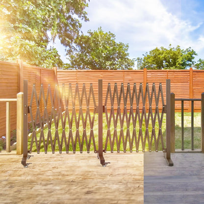 TECSPACE Aluminum Expandable Garden Fence, Portable Barricade Gate with Casters, Adjustable Retractable Fence Mobile Barricade Safety Barrier (Brown, 201×15×41 inch)