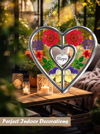 KY&BOSAM Heart Suncatchers Hope Stained Glass Hangings for Windows Sun Catcher with Unique Pressed Real Flower in Heart for Home Garden Decor Birthday Gifts for Women Mothers Day Christmas Ornament