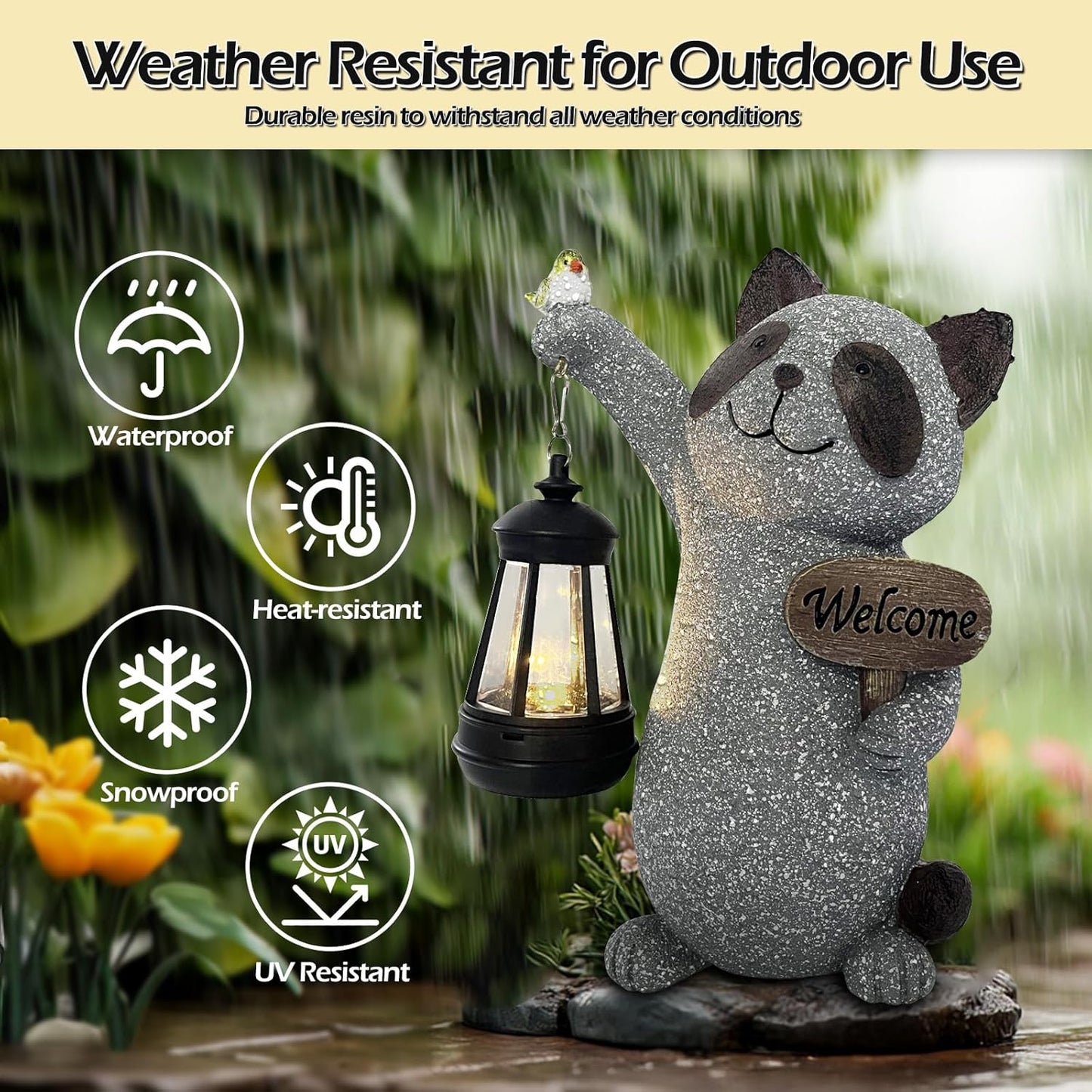 Raccoon Garden Statue with Solar Lantern, Cute Raccoon Figurine Light with Welcome Sign and Bird for Outdoor Patio Balcony Yard, Unique Resin Statue for Mom Grandma Women