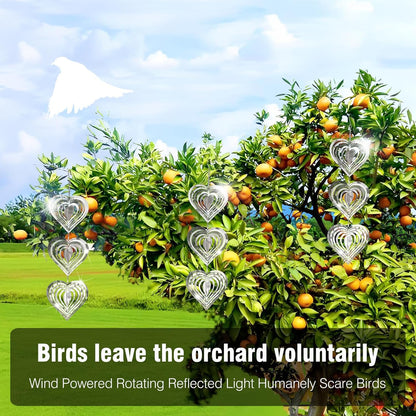9 Heart Bird Scare Discs Set-Highly Reflective Double-Sided Bird Reflectors, Stainless Steel Wind Spinner with 360° Rotating Hook, Mirrored Wind Chime Decor for Yards, Gardens, Balconies & Orchards