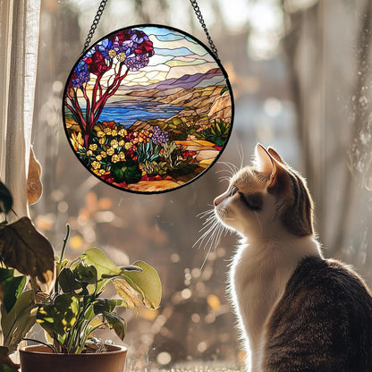 Stained Glass Window Hanging Retro Wildflowers Lake Mountain Scenery 7.8" - Suncatcher Door Garden Sun Catcher Home Decor Birthday Christmas for Mom Men Woman Friend