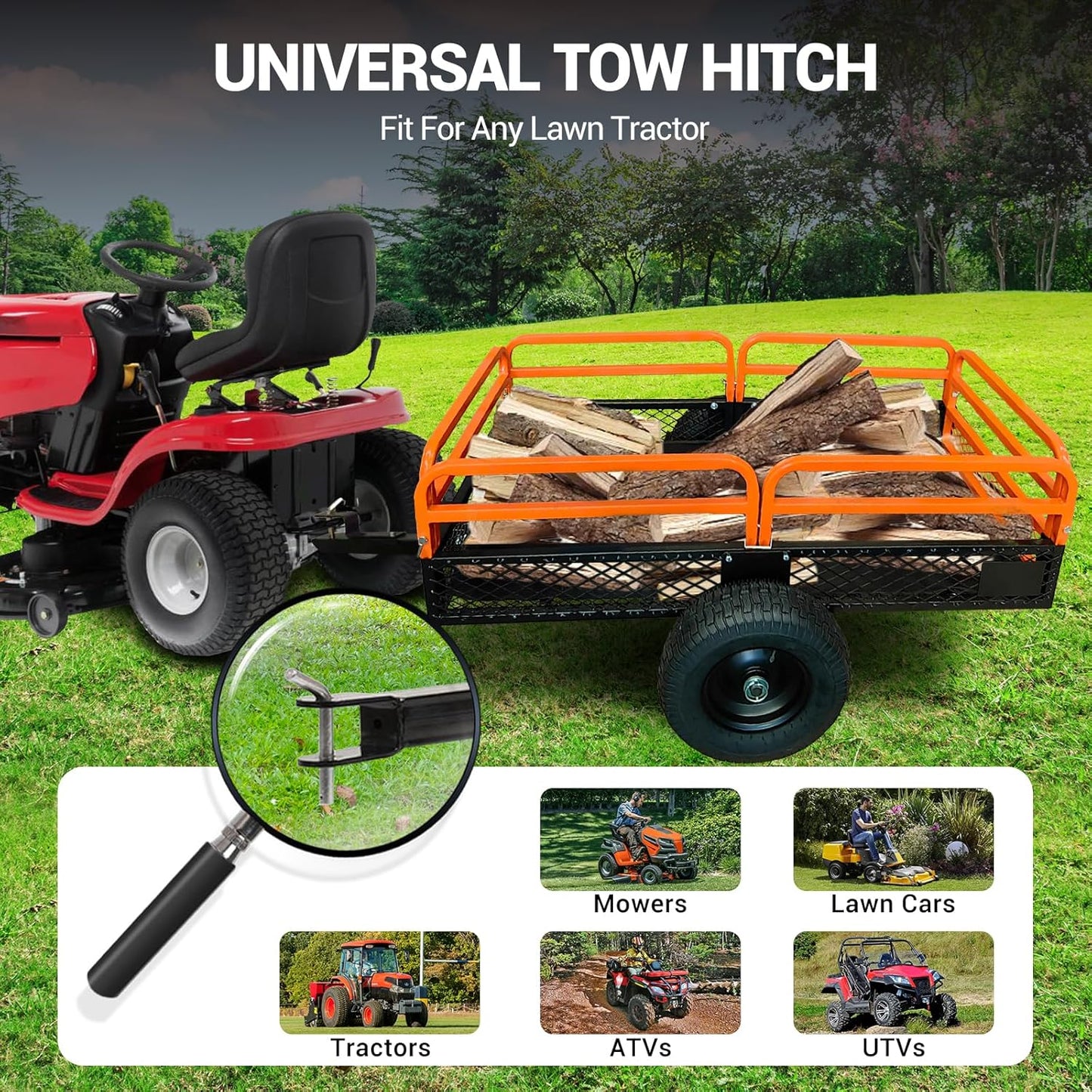 Heavy Duty ATV UTV Trailer Dump Cart 1600 Lbs Capacity 15 Cu Ft Tow Behind Steel Utility Trailer with Removable Sides and All-Terrain Tires for Garden Yard Farm Work Durable and Reliable