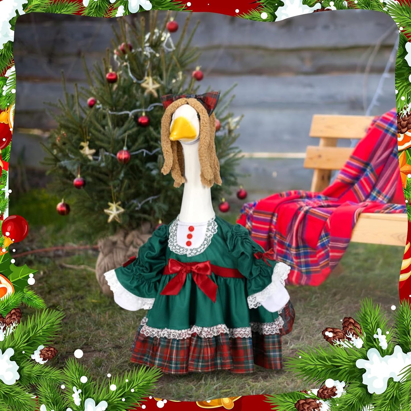 Soulchen 1 Set Christmas Green Porch Goose Outfit 23 Inch Winter Plaid Cement Goose Clothes Dress and Headdress Costume Set for Xmas Holiday Lawn Garden Yard Decor