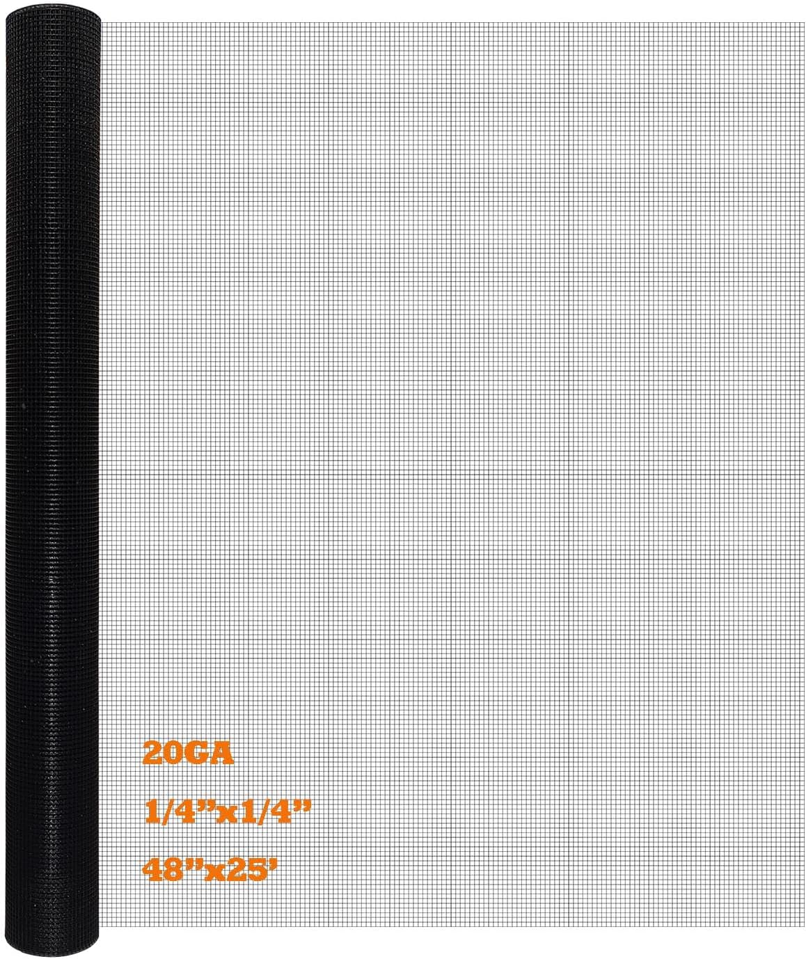 Black PVC Coated Hardware Cloth 48 Inch x 25 Foot -1/4 Inch x 1/4 Inch 20GA
