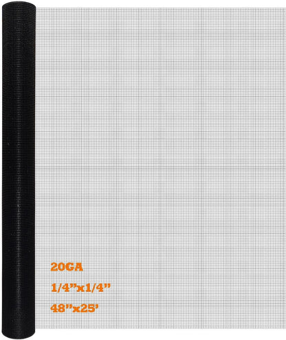 Black PVC Coated Hardware Cloth 48 Inch x 25 Foot -1/4 Inch x 1/4 Inch 20GA
