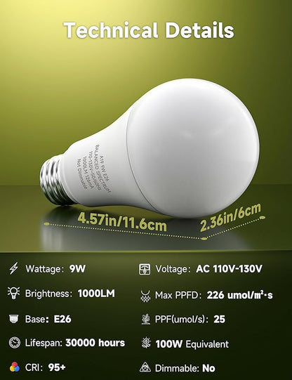 Grow Light Bulbs, Full Spectrum Light Bulb, A19 Grow Light Bulb, Plant Grow Light Bulbs E26 Base, 9W Plant Light Bulbs 100W Equivalent, Grow Bulb for Indoor Plants, Greenhouse, 3 Pack