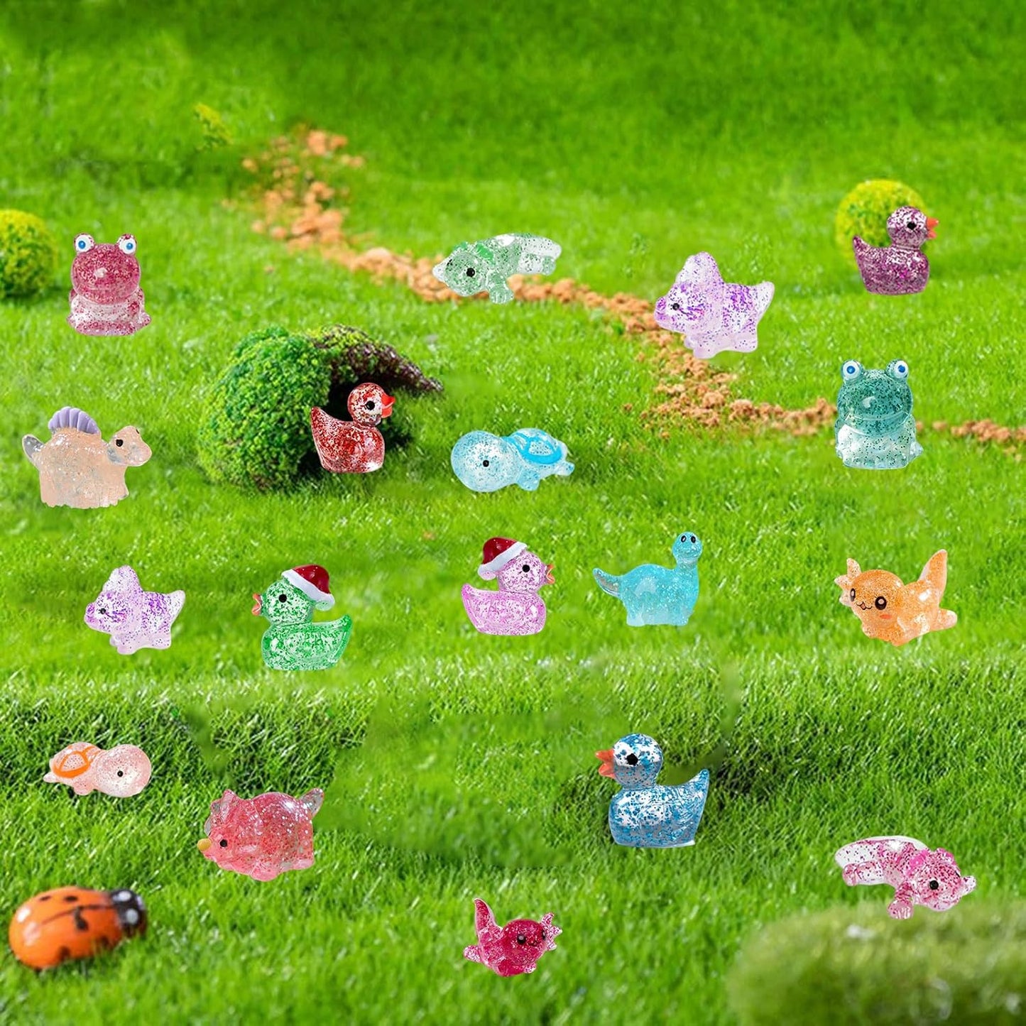Mini Glitter Ducks 200 Pcs Tiny Duck Figures Luminous Resin Dinosaur Turtle Frog Axolotls to Hide Plastic Animal for DIY Garden Miniatures Fairy Garden Accessories (8 Styles)
