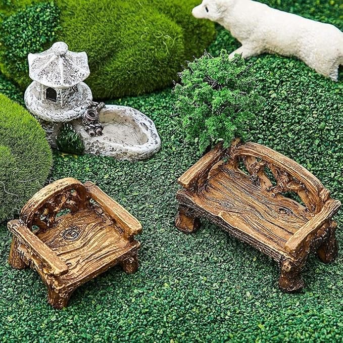Brown Fairy Garden Furniture Ornaments Miniature Resin Chair Bench Doll House Decor Home Garden Miniatures Resin Micro Landscape Decoration Bench Furniture