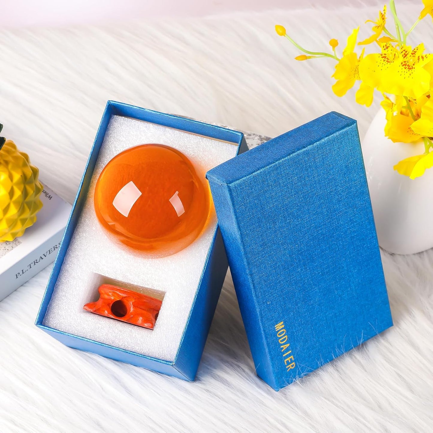 Amber Crystal Ball 80mm/3.1 inch with Rose Wooden Stand and Gift Box for lensball Photography,Fortune Teller,Feng Shui, Witchcraft Decor,Scrying,Magic,Quartz Crystal Orb Prop Decorative Glass Sphere