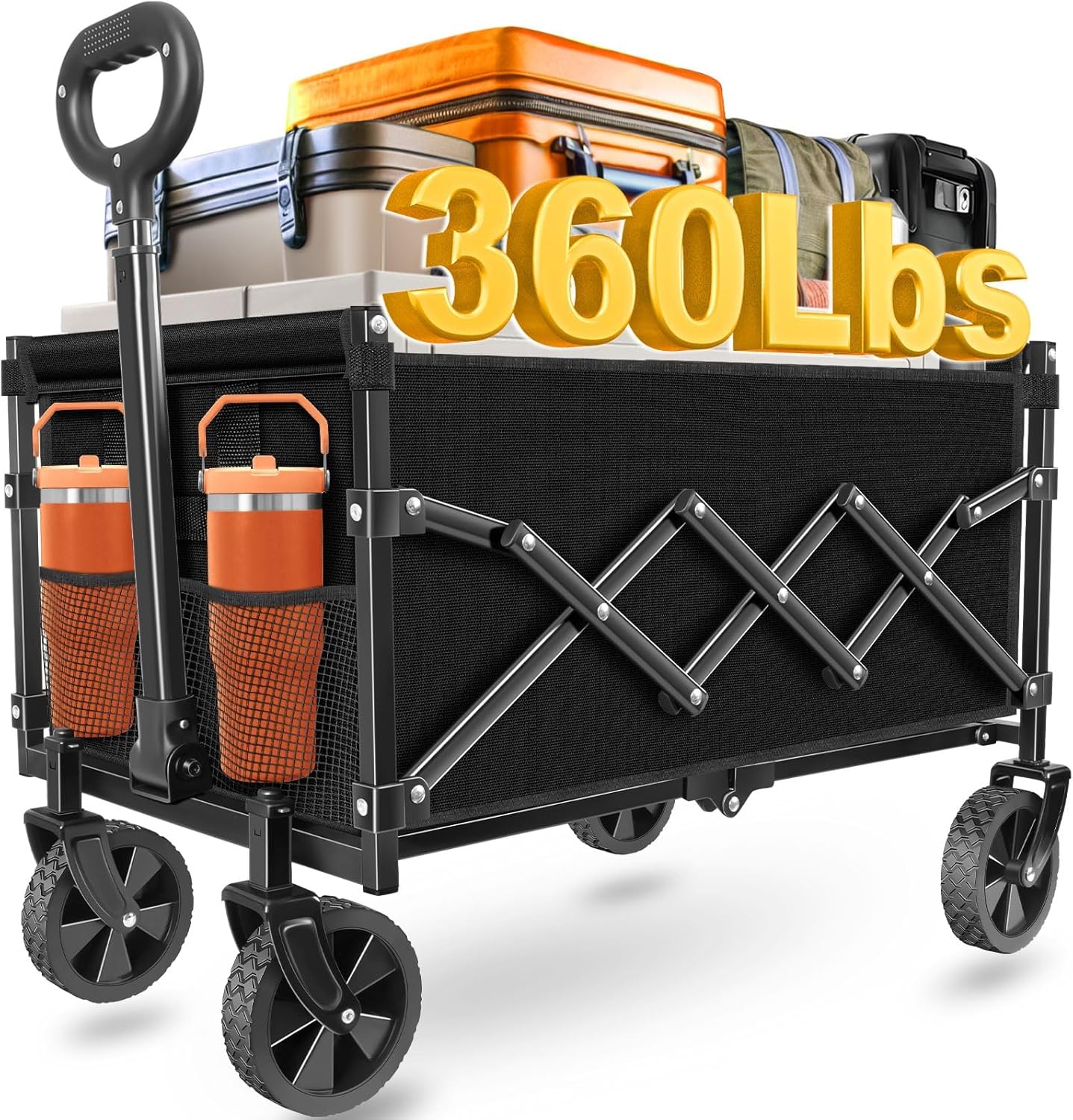 Wagons Carts Foldable, Collapsible Wagon Cart with Wheels - Beach Wagon Cart with Wheels for Sand Sports Camping Grocery, Black
