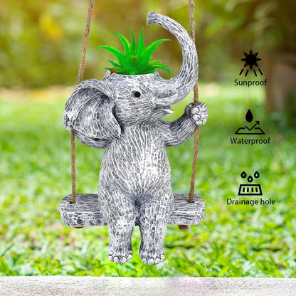 Elephant Gifts for Women Cute Succulent Pots for Outdoor Plants Funny Plant Pot Garden Pot Swing Hanging Planter Elephant Sit Swing Statue with Drainage Hole