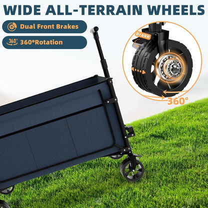 Favoyard Collapsible Wagon Carts Foldable 150L & 360LBS Portable Folding Wagons with All-Terrain Wheels & Brakes Heavy Duty Outdoor Utility Cart for Beach Grocery Camping Shopping Sports Garden, Blue