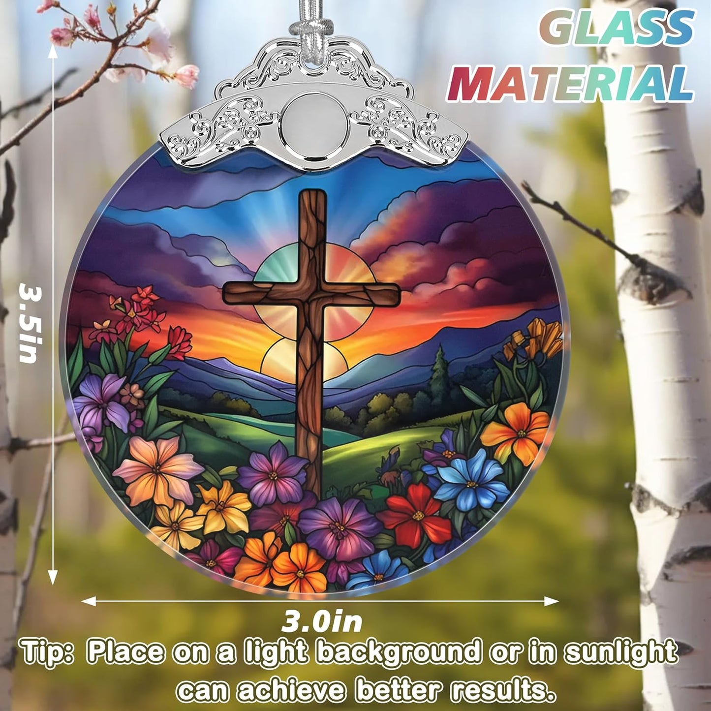 Cross Spring Flower Stained Glass Orament - Christmas Ornament - Christmas Decorations for Tree - Holiday Present ldeas - Gift Exchange