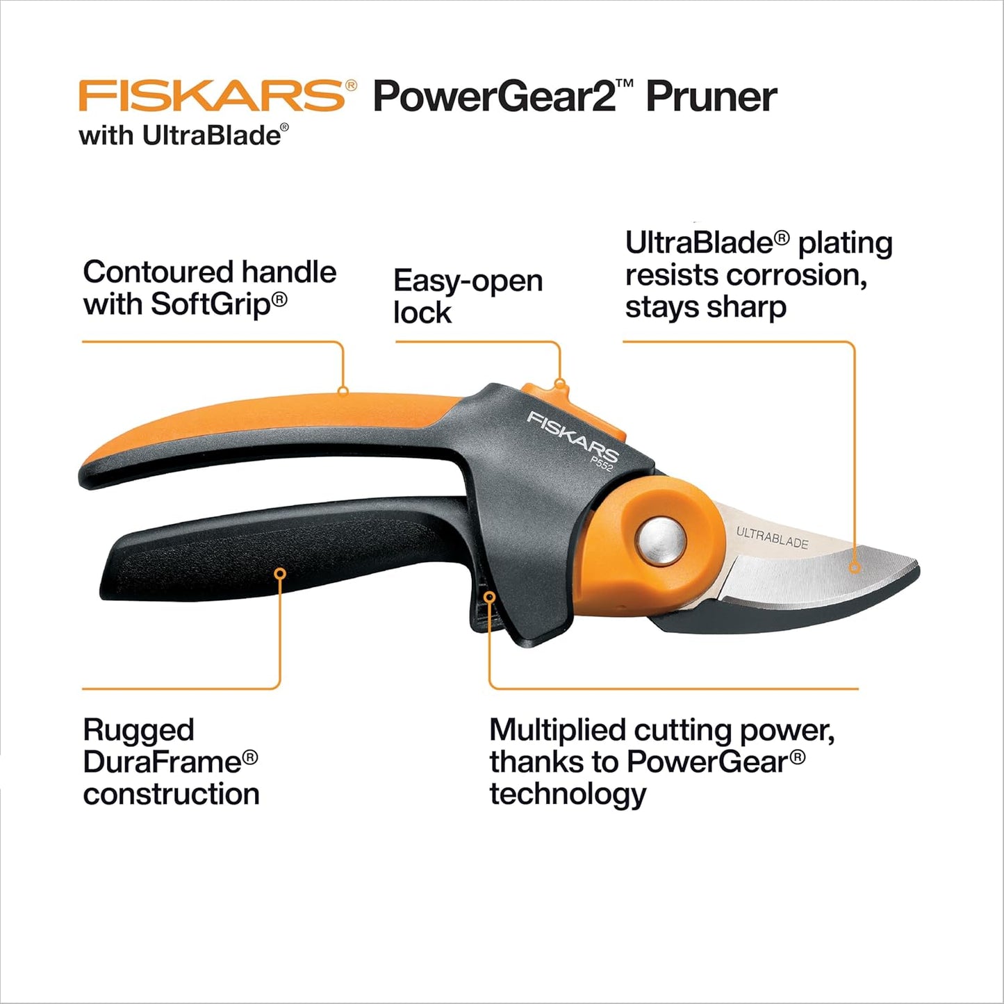 Fiskars Pruning Shears, PowerGear2 Technology Multiplies Power, Rolling Handle for Ease of Use, 3/4-Inch Cut Capacity Bypass Pruner, UltraBlade Coating and SoftGrip, Garden and Yard Tools