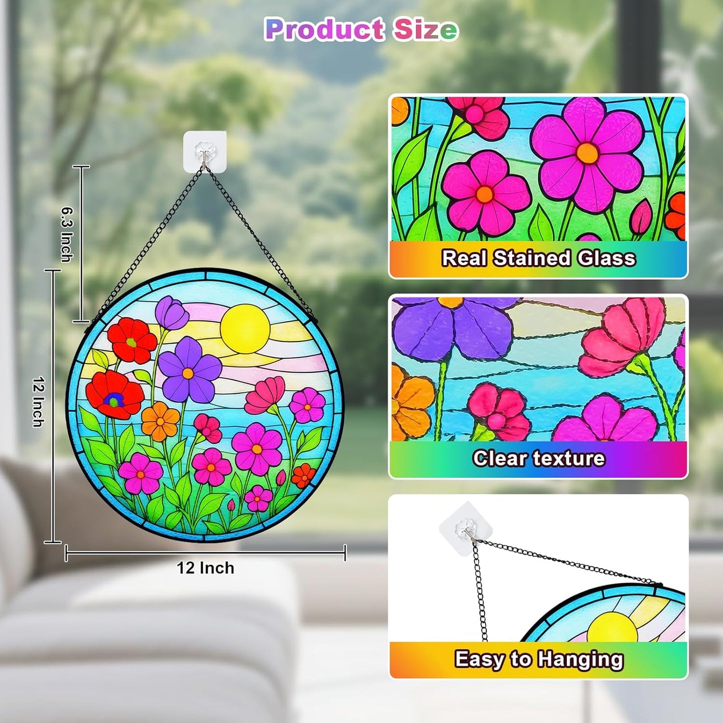 Stained Glass Window Hanging - Wildflowers Stain Glass for Indoor, Colorful Floral Suncatcher, Green Plant Decor for Balcony, Garden, Cottage,Birthday Gift for Women (12 Inch)