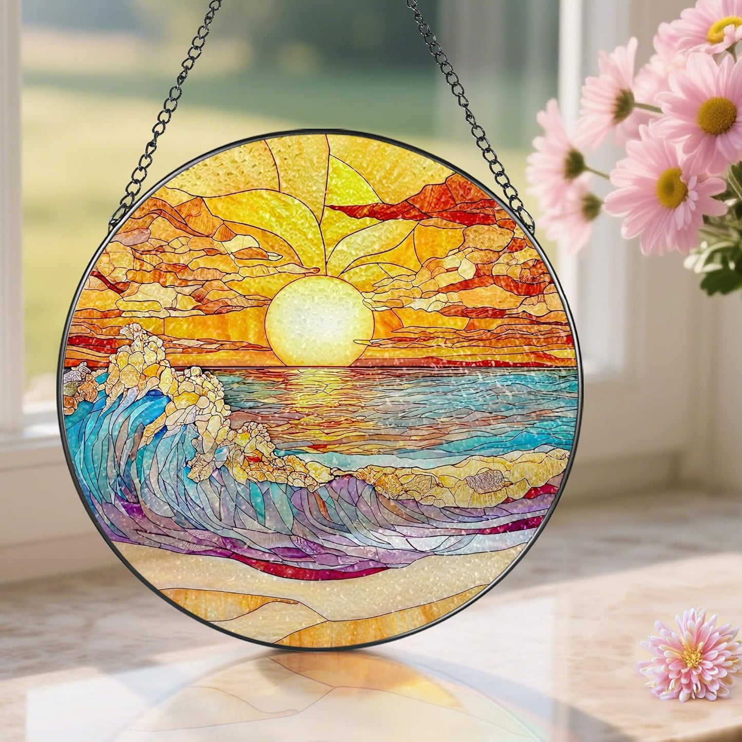 8-Inch Stained Glass Ornament, Stained Glass Window Hanging, Window Hanging Decor Suncatcher, Sunset on The Beach Ornament | Beach Gift, Gifts for Sunset Lovers, Friend, Family & Colleague
