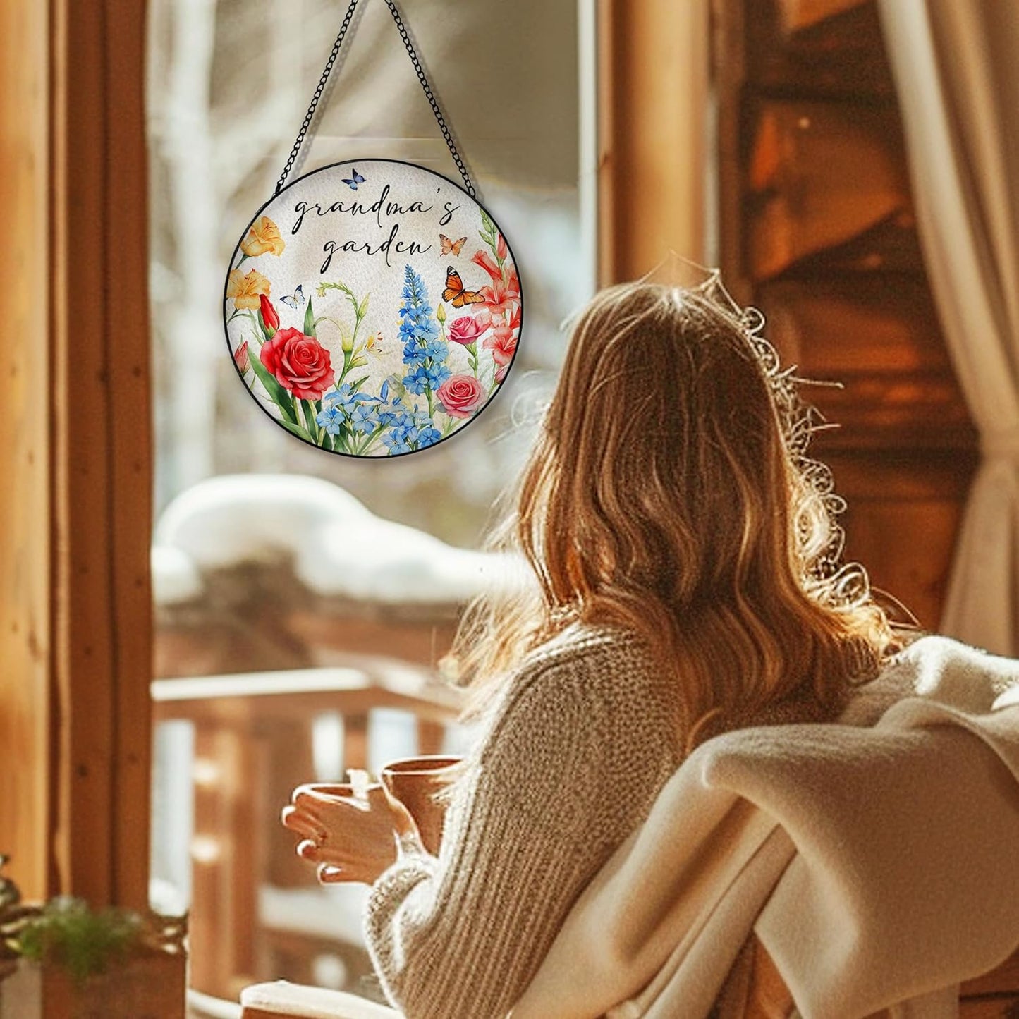 Grandma's Garden Flower Suncatcher Stained Glass Window Hanging, Grandma's Garden Gifts Sun Catchers Indoor Window Glass Round Wall Decor, Floral Wall Art Hanging Decorations, ＂7.8x7.8＂