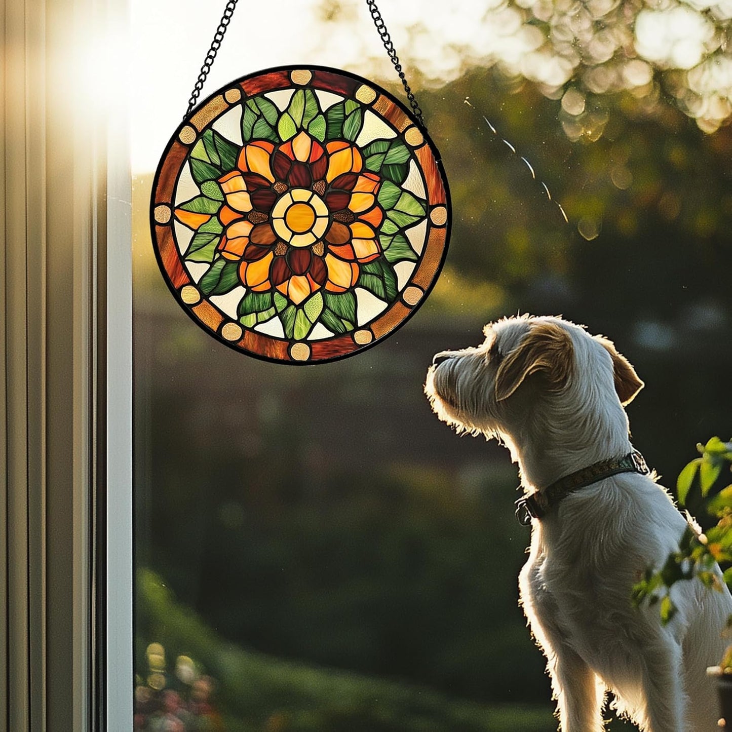 Stained Glass Window Hanging - Yellow Green Boho Style Flowers Sun Catcher for Door Garden Home Decor Suncatcher Christmas Mother's Day Birthday Gifts for Women Mom Girl Nana Friend 15 in